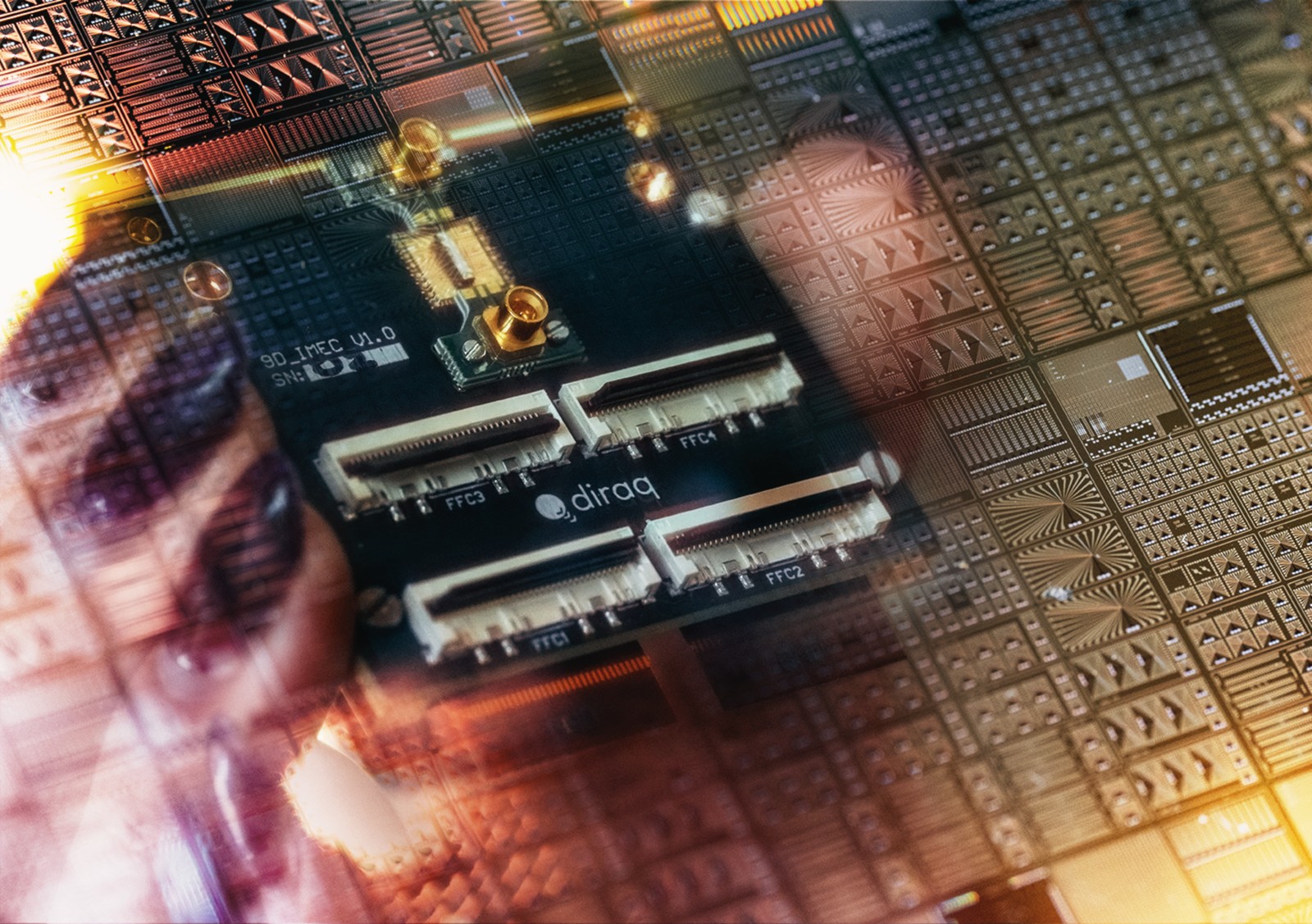 Diraq silicon spin-qubit chip reflected in a foundry-fabricated silicon wafer