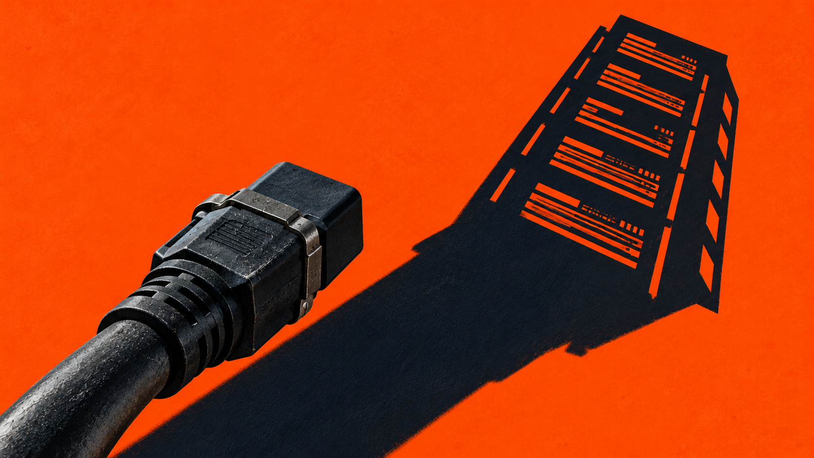 Editorial illustration of a power connector casting the shadow of a server rack on a textured orange background