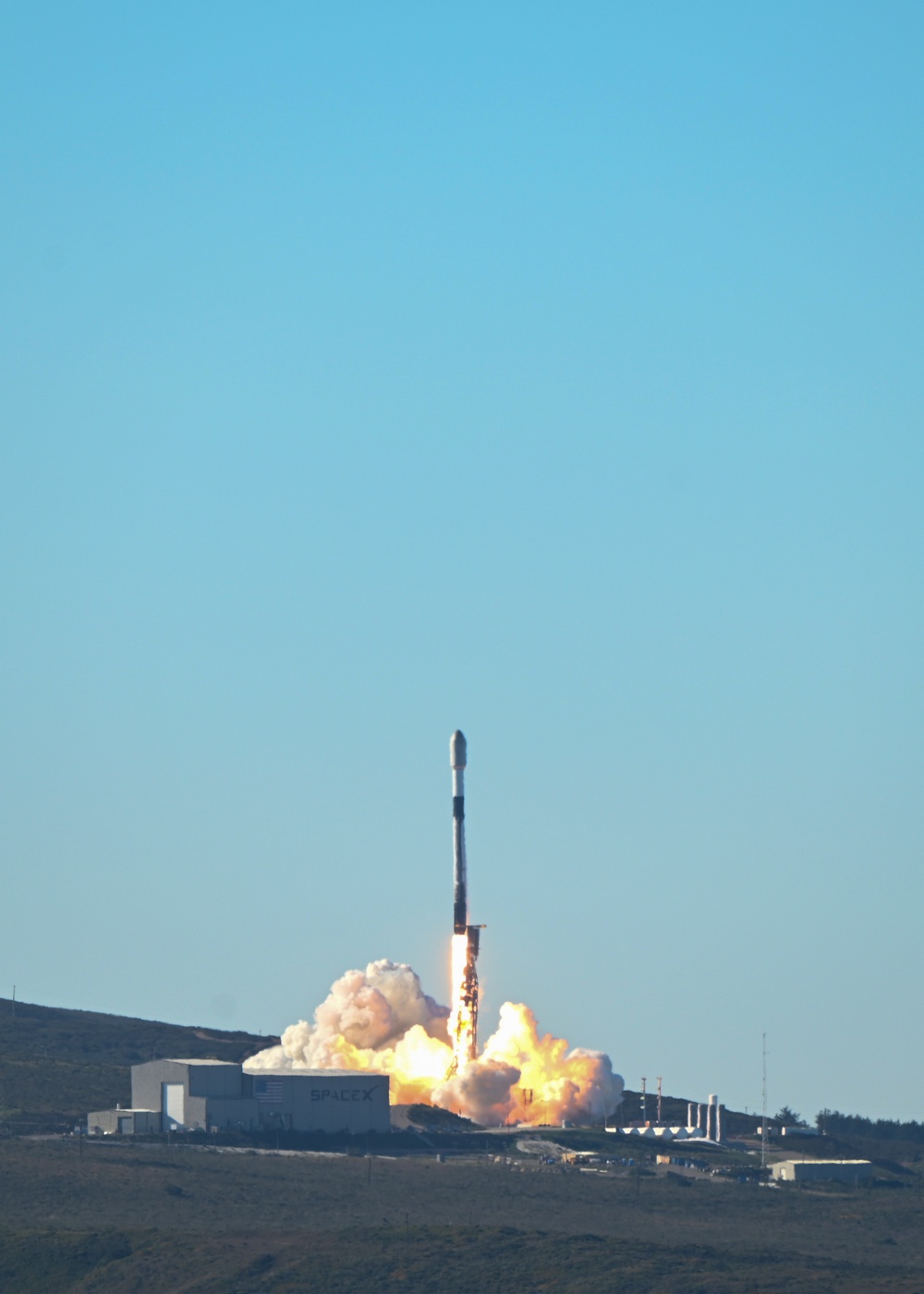 SpaceX Falcon 9 launching 50 Starlink satellites from Vandenberg on 25 February 2022, archive photograph