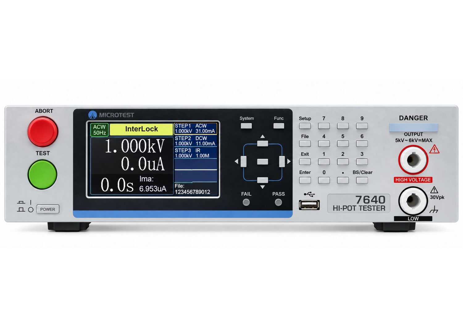 Front panel of the Microtest 7640 electrical safety tester