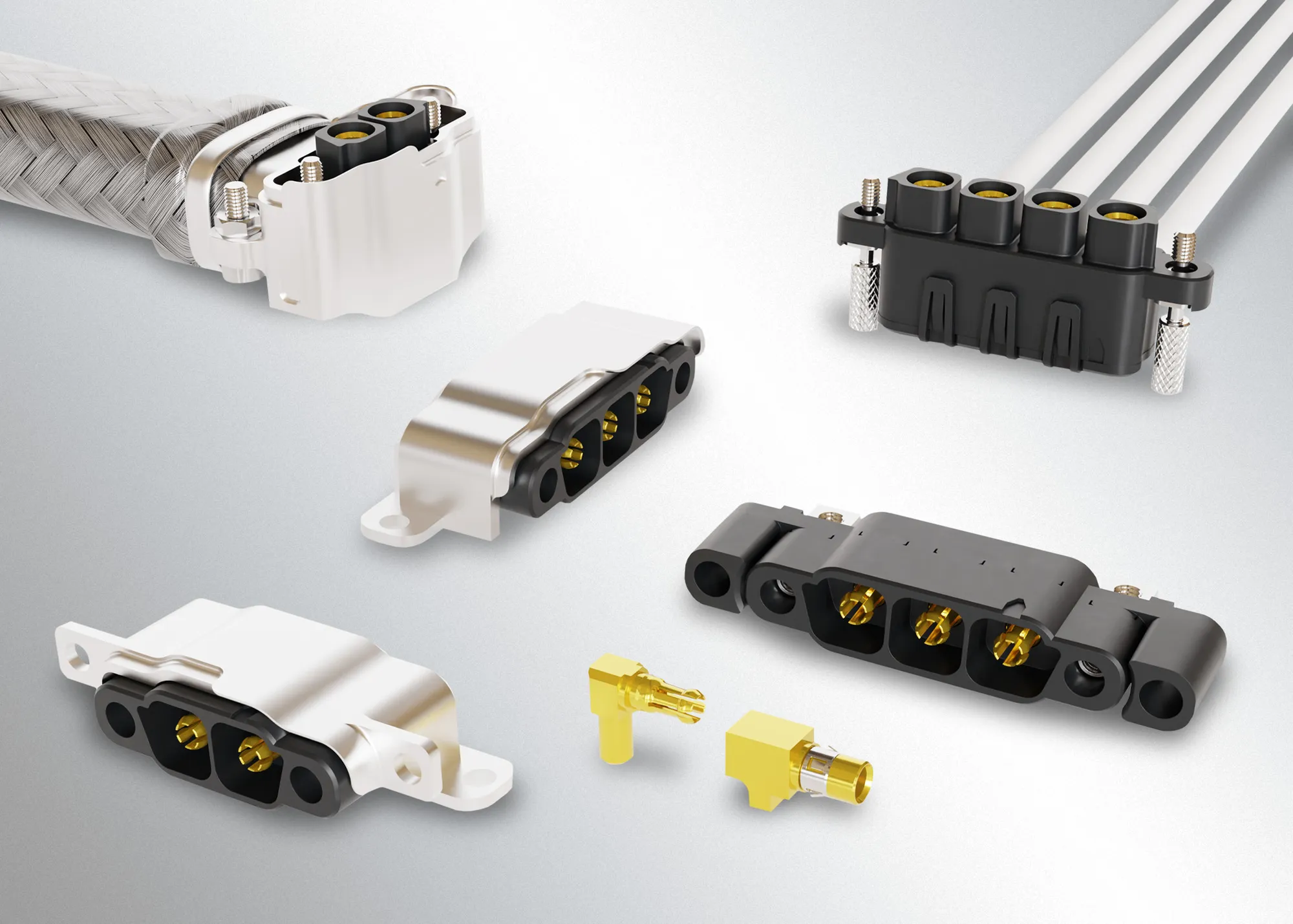 Harwin Kona right-angle connector family, manufacturer press image.