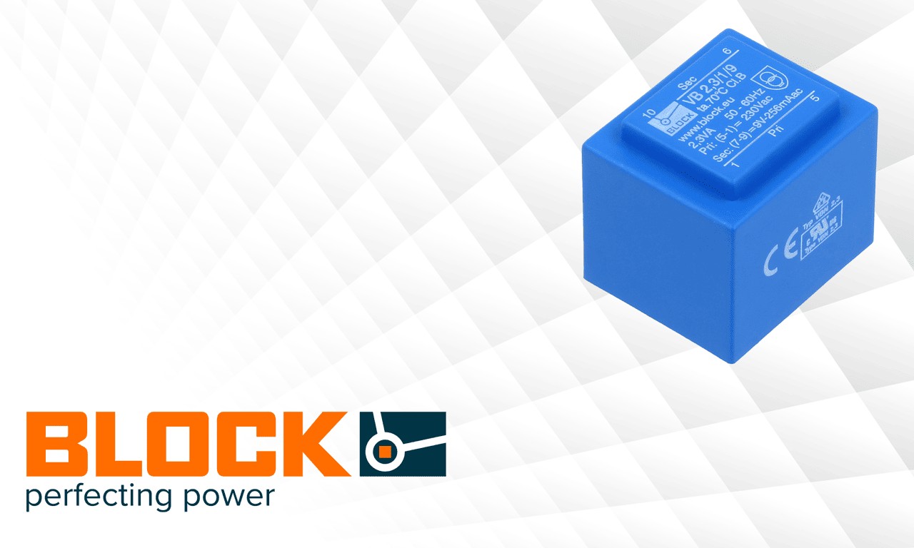 An encapsulated BLOCK PCB transformer from TME’s product announcement. Ratings and winding arrangements vary by part. Image: BLOCK / TME.