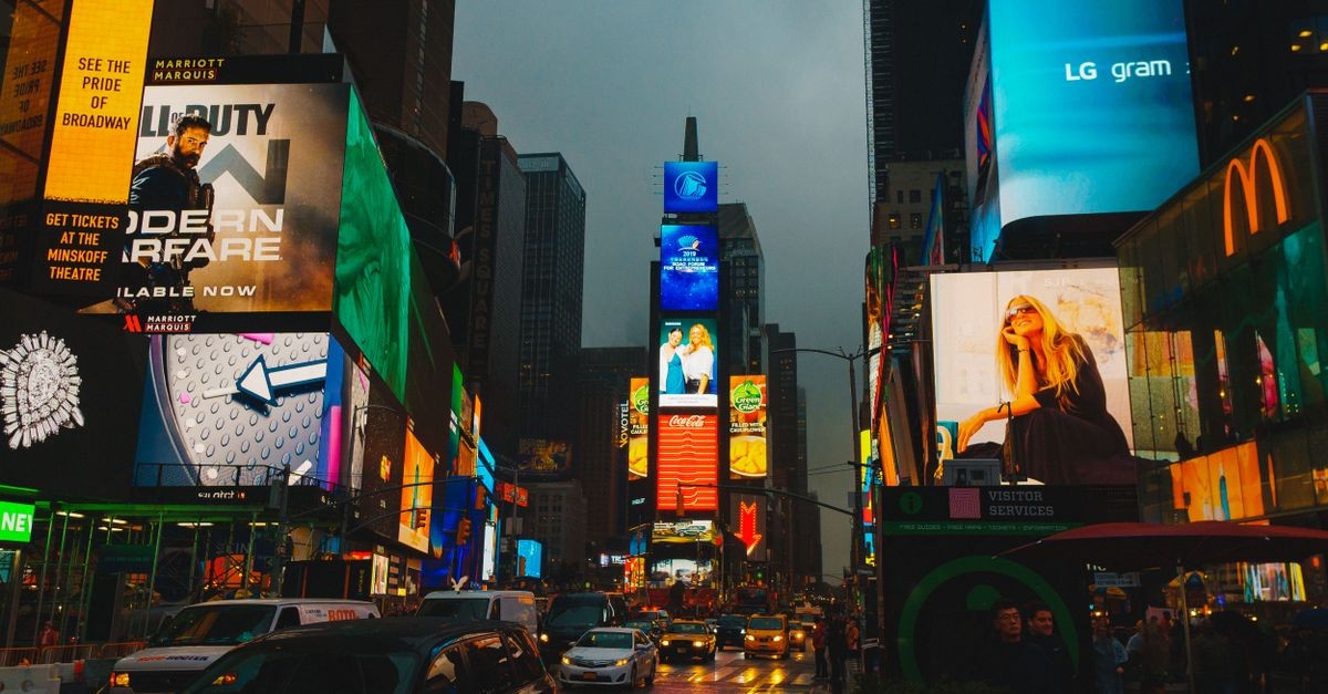 LED video displays in Times Square. Illustrative stock photograph; the installation is not identified in Omdia’s research.