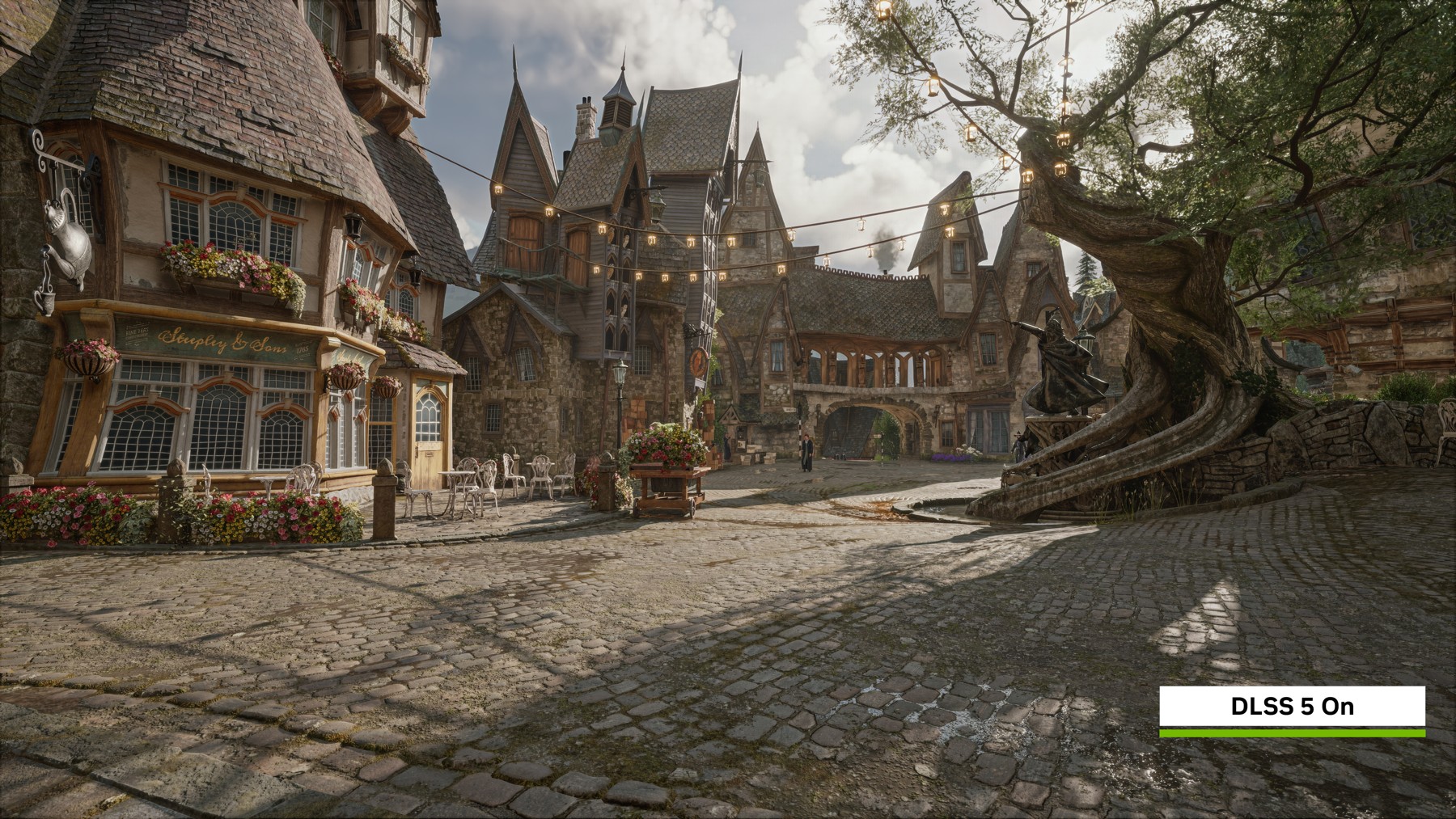 NVIDIA’s supplied Hogwarts Legacy comparison image with DLSS 5 enabled. The company says this game integration is due on 5 November; this is not a TEB test capture. Image: NVIDIA / Warner Bros. Games.