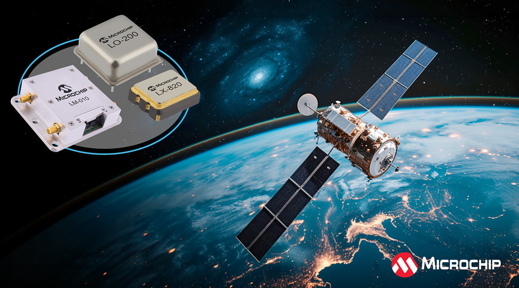 Microchip LX-820 oscillator press illustration with satellite application