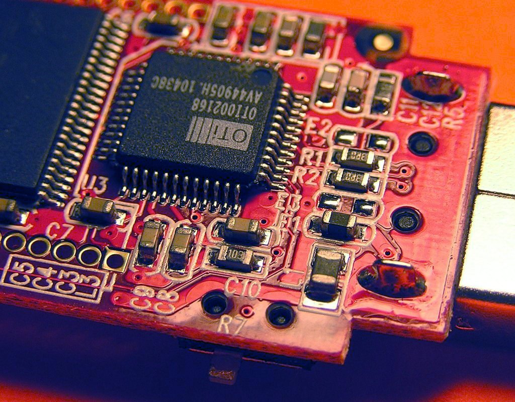 Surface mounted components on a circuit board. Illustrative photograph.