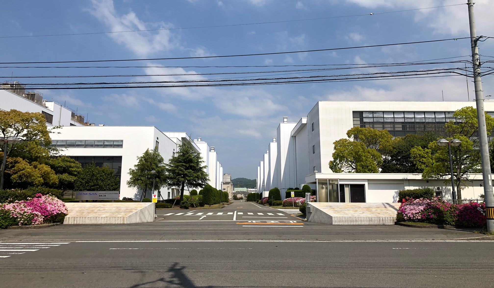 Renesas semiconductor factory in Saijo, Japan, photographed in April 2021. Illustrative factory photograph.