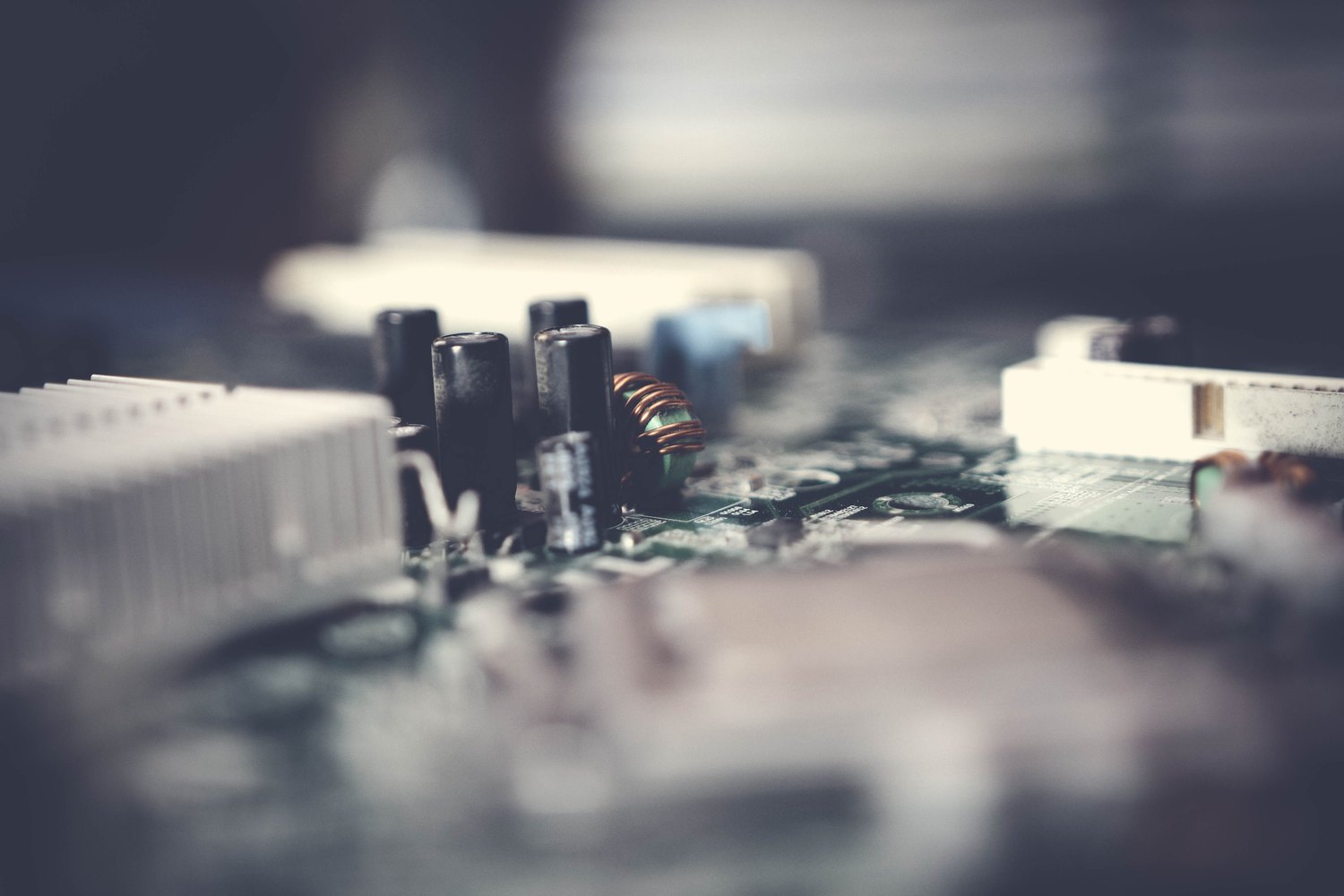 Detailed view of electronic components and tracks on a circuit board