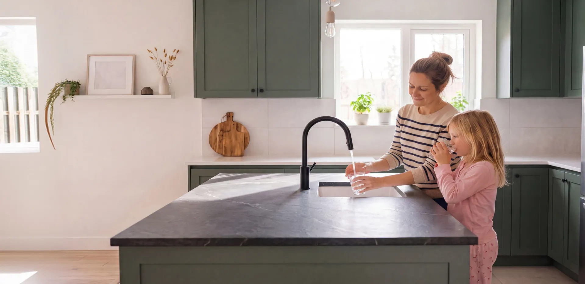 Mother filling a glass with tap water for her daughter at a kitchen sink
