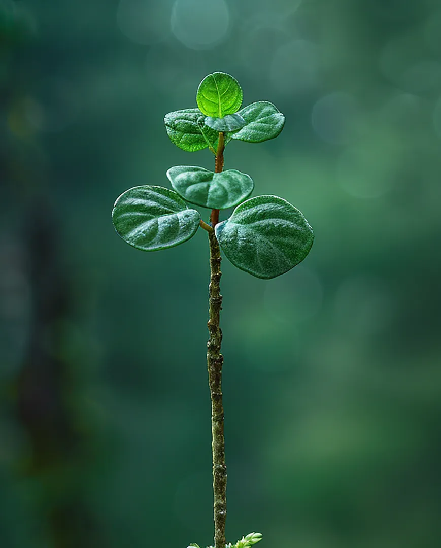 Close-up of a young plant sprout with dew on its leaves