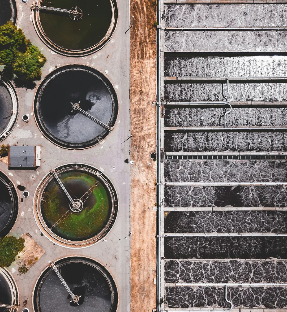 Aerial view of circular tanks at a water treatment plant