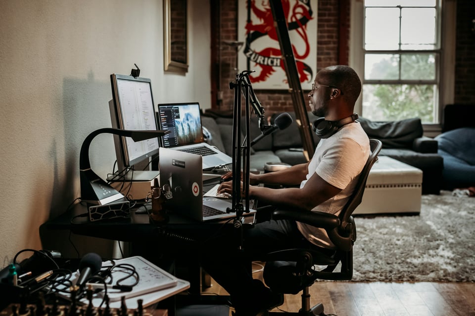 Podcast microphone and headphones setup