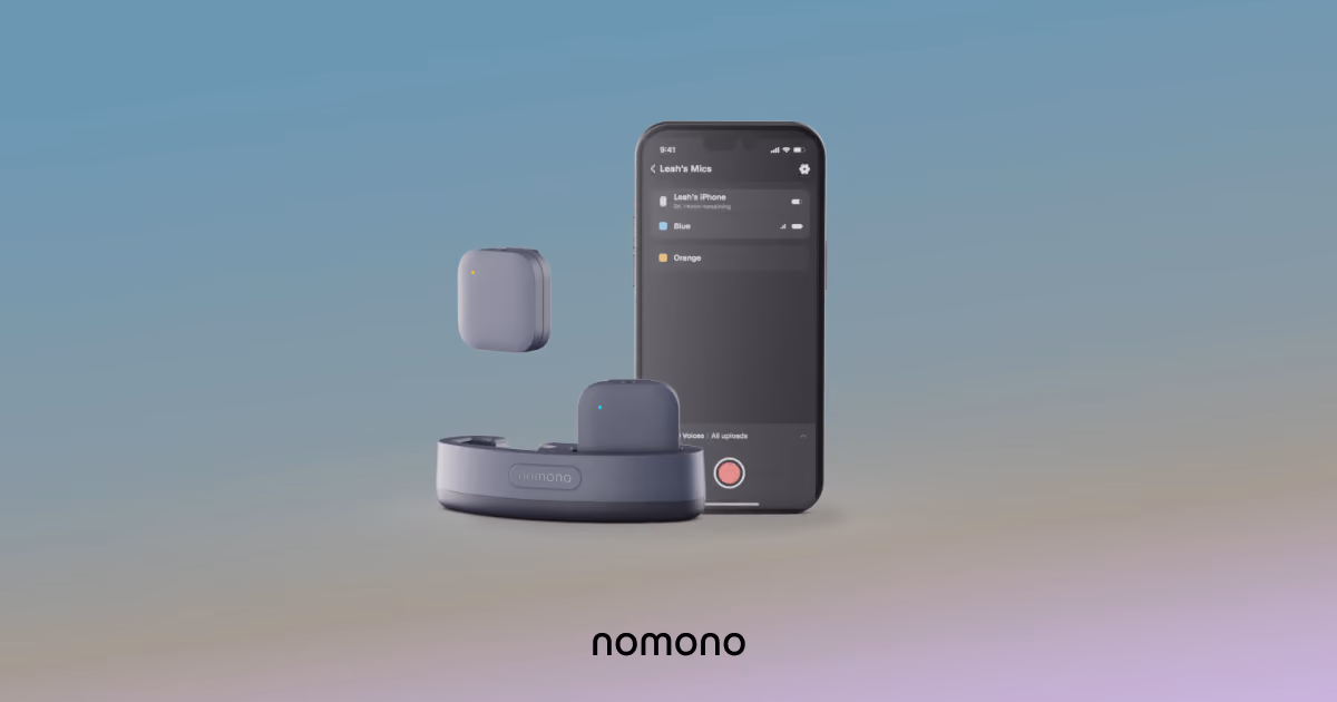 Nomono Stellar Kit wireless mics with their charging case and a smartphone showing mic controls in the Studio app