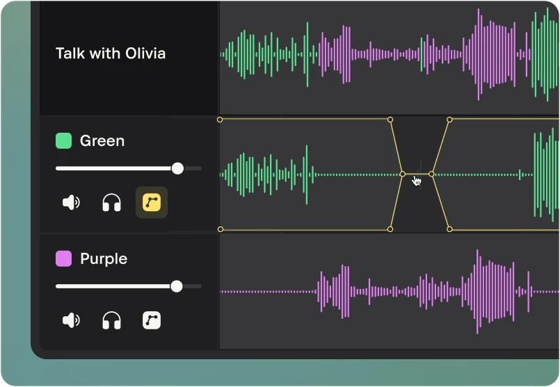 Nomono Studio Cloud episode editor with volume points on the Green speaker track lowering its level for a short section