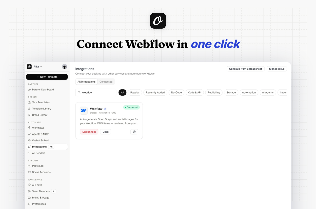 Connect Webflow in one click: the Webflow integration showing as Connected in an Orshot workspace