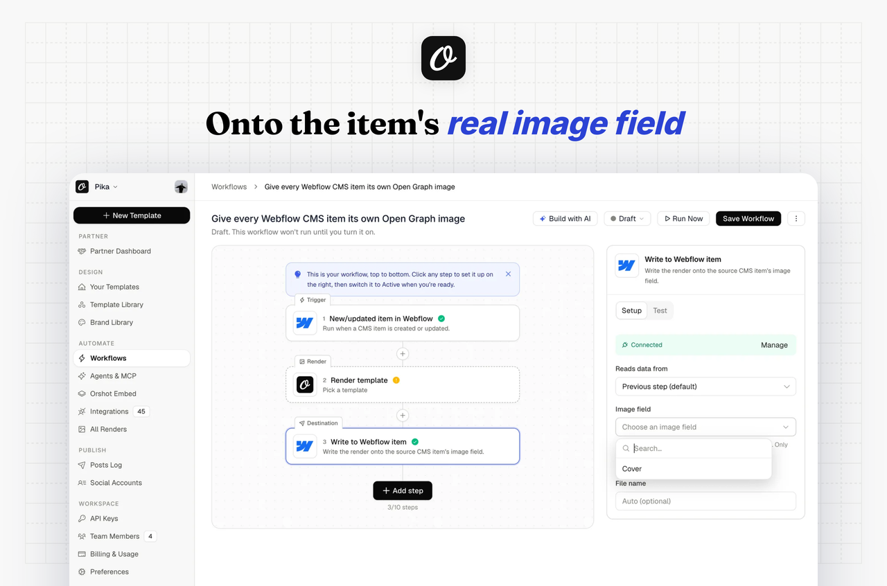Onto the item's real image field: picking the Webflow Image field that receives the render