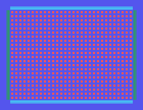 Cyan and green bars and red spots, but the four corners are missing against the blue backdrop