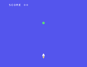 The finished game: score line, a falling rock, and the rocket