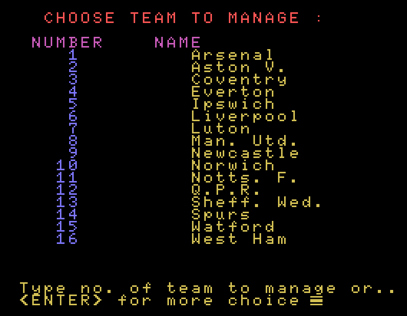 Football Manager 'Choose Team To Manage' screen listing English football league teams, captured in MAME on the Tatung Einstein