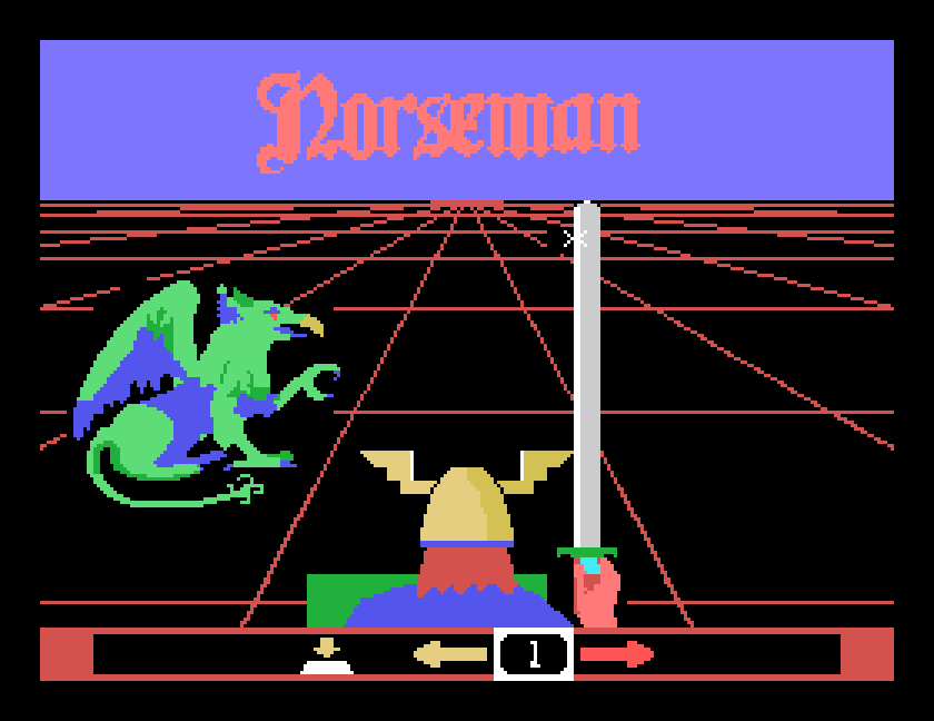 Norseman gameplay screen, a first-person viking swordsman facing a dragon, captured in MAME on the Tatung Einstein