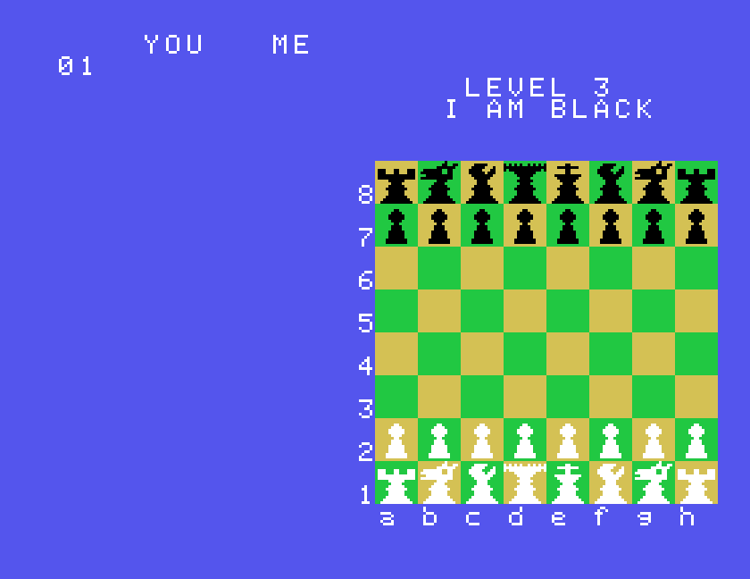 Super Chess gameplay screen showing a full colour chessboard at Level 3, captured in MAME on the Tatung Einstein