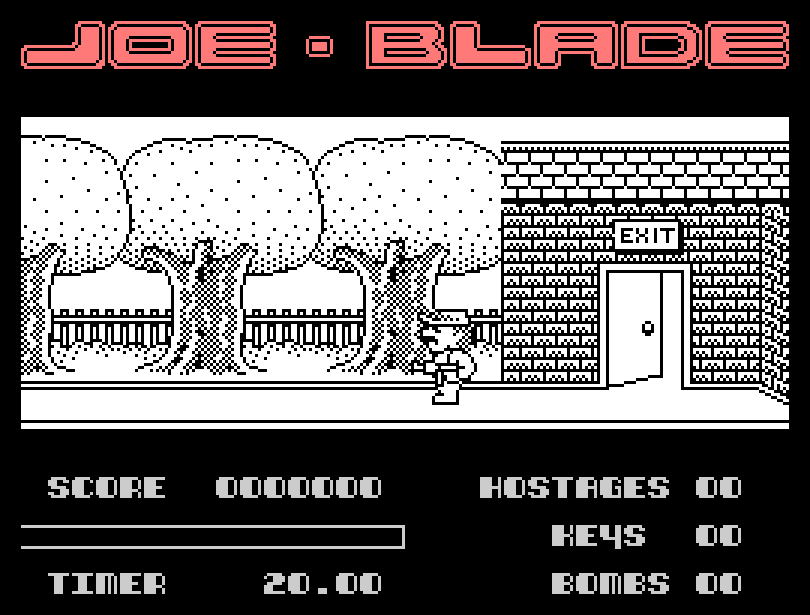 Joe Blade gameplay screen, player sprite outside a building marked EXIT, with Score/Hostages/Keys/Bombs HUD, captured in MAME on the Tatung Einstein