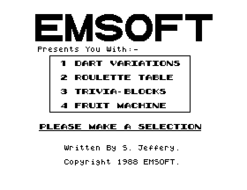 Games Night main menu by EMSOFT, listing Dart Variations, Roulette Table, Trivia-Blocks and Fruit Machine, captured in MAME on the Tatung Einstein
