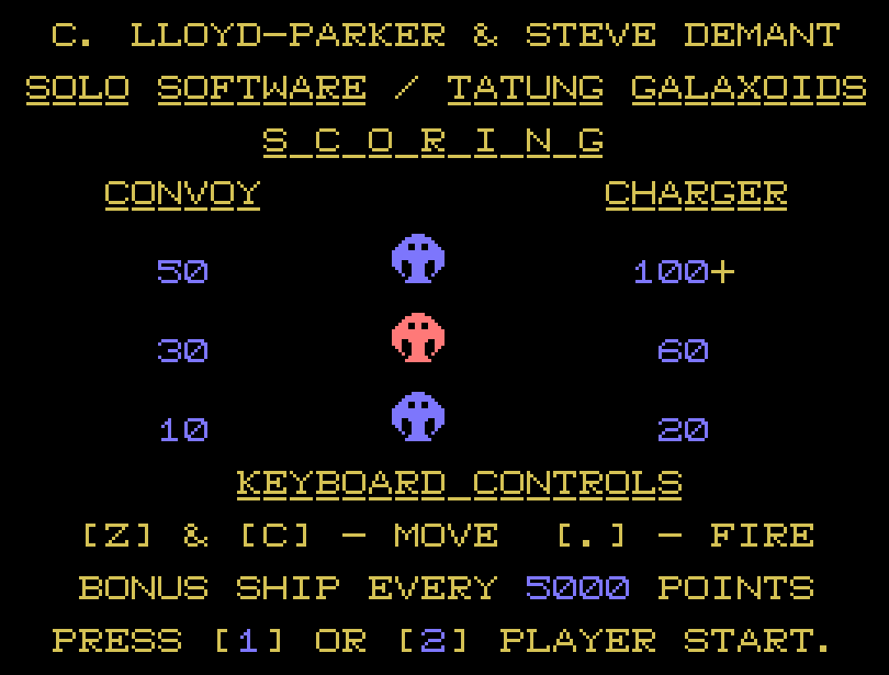 Galaxoids scoring and controls screen with Convoy and Charger alien sprites, by Solo Software, captured in MAME on the Tatung Einstein