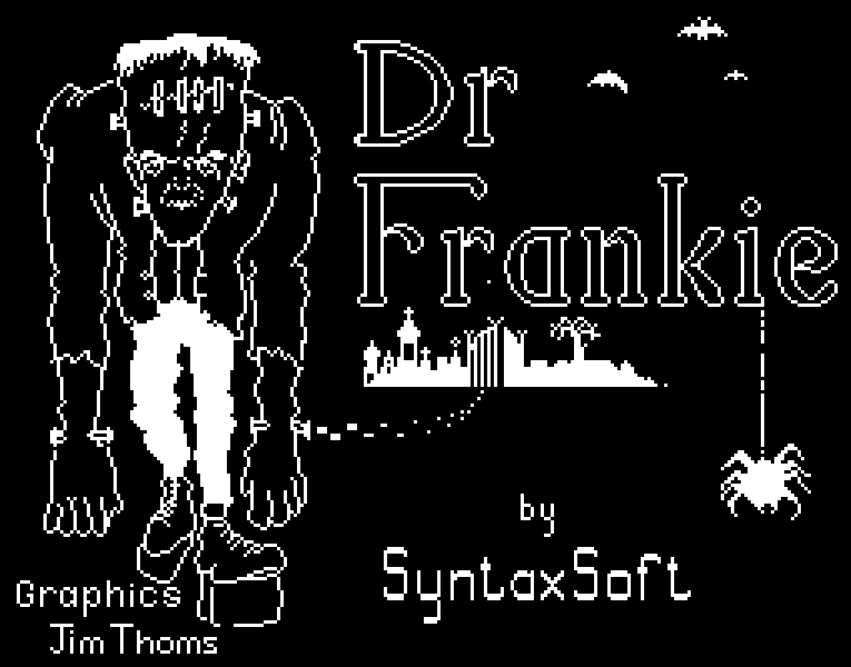 Dr Frankie title screen with a Frankenstein's monster illustration, by SyntaxSoft, captured in MAME on the Tatung Einstein