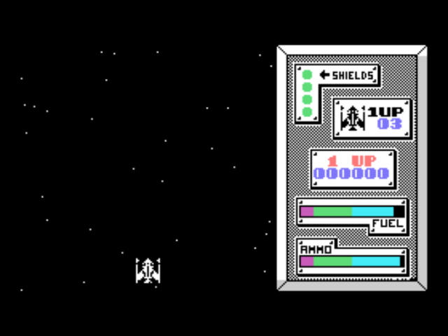 Deadzone gameplay screen, a starfield shooter with a Shields/Fuel/Ammo HUD panel and player ship, by B&H Computers, captured in MAME on the Tatung Einstein