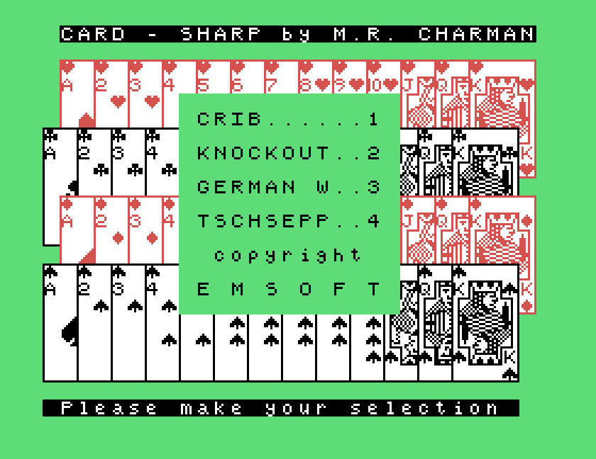Card-Sharp by M.R. Charman game selection menu listing Crib, Knockout, German Whist and Tschsepp, copyright Emsoft, captured in MAME on the Tatung Einstein