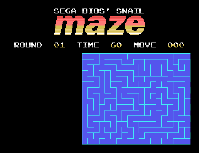 Snail Maze gameplay on the Tatung Einstein, showing the maze and round/time/move counters