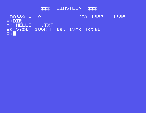 DOS80 running in MAME listing HELLO.TXT, a file written onto the disc image by einstein_dsk