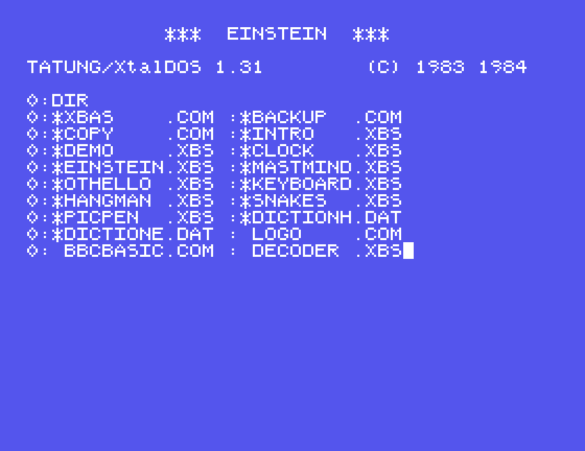 The TC01 System Master Disc booted in XtalDOS 1.31 showing the disc directory after a DIR command