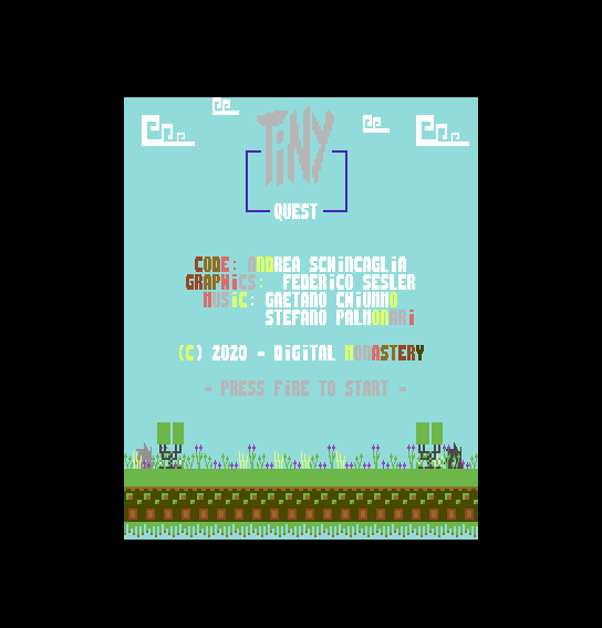 Tiny Quest title screen showing credits for Andrea Schincaglia, Federico Sesler, Gaetano Chiummo and Stefano Palmonari