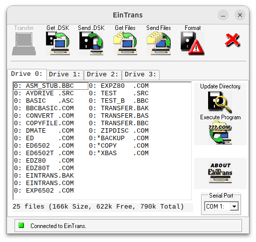 WinEinTrans connected to a Tatung Einstein, listing the files on drive 0