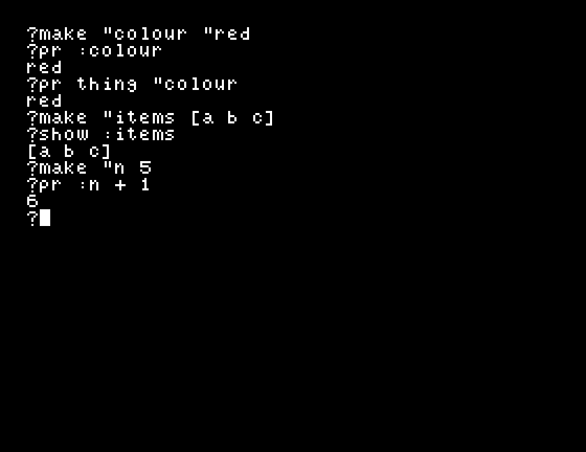 Three variables set, read back, and listed with pons
