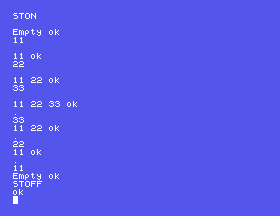 The stack growing to three numbers and shrinking back to empty, with STON showing it after each line