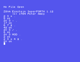 Six sums typed at SuperForth, each answered on the line below