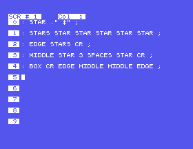 The editor showing five definitions on lines 0 to 4 of screen 1
