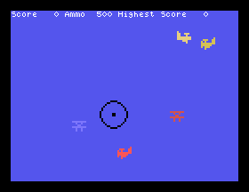 A round gunsight in the middle of the screen, five coloured aeroplanes round it, and a status line along the top