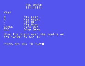 The Red Baron title screen, listing the keys