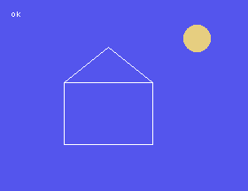 A white outline of a house with a pitched roof, and a solid yellow sun at the top right
