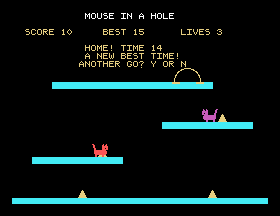 Mouse In A Hole won: the mouse is home, with its time and a new best time