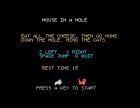 The title screen of Mouse In A Hole, the game the Xtal BASIC course builds, with the mouse and a cat
