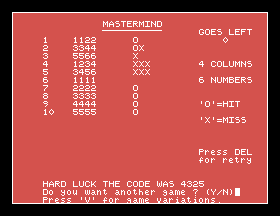 Mastermind, one of the nine BASIC programs Tatung shipped in 1984, at the end of a game