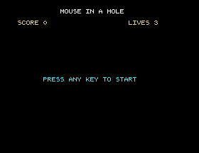 The game's title screen: white title, yellow score line, cyan prompt on black