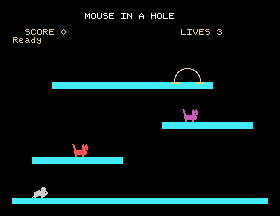 The finished playing field with the mouse, two cats and the hole