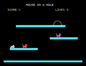 The mouse standing on the first platform after jumping