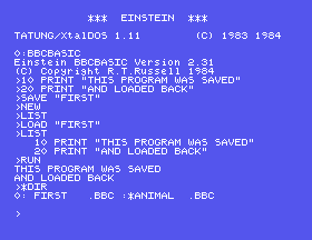 A program saved to the course disc, loaded back and listed, with *DIR